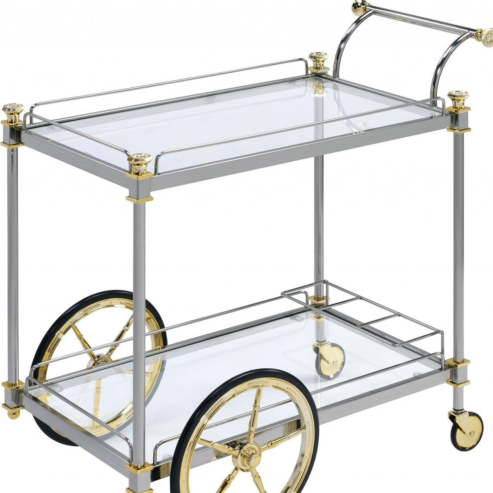 20" X 31" X 31" Black Gold Clear Glass Metal Casters Serving Cart