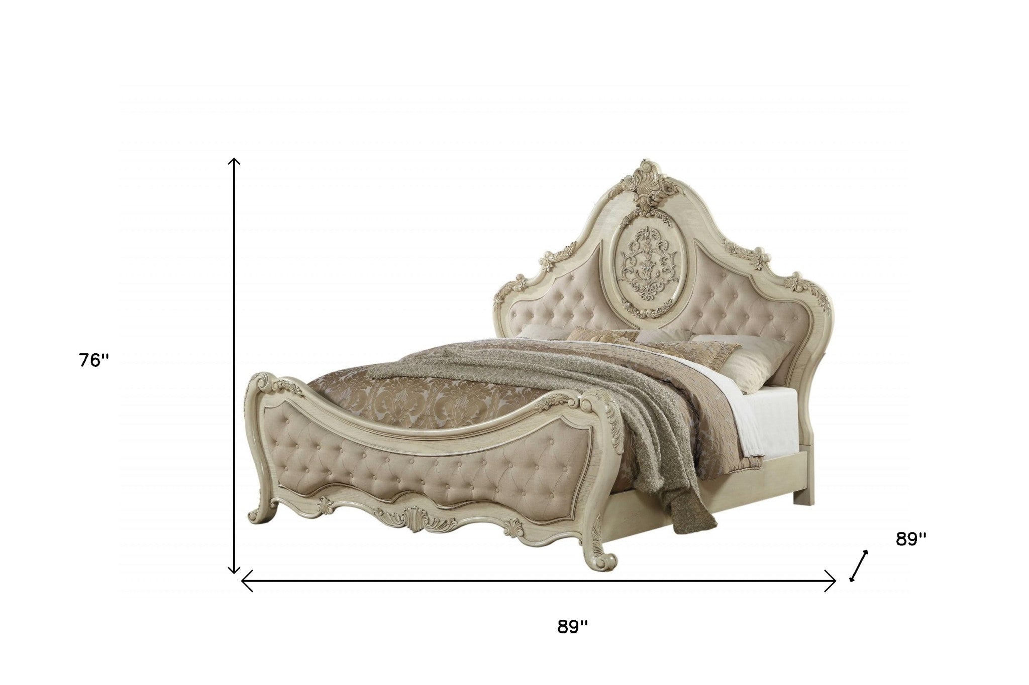 Beige Linen Antique White Wood Upholstery Queen Bed - 73" x 89" x 76"
