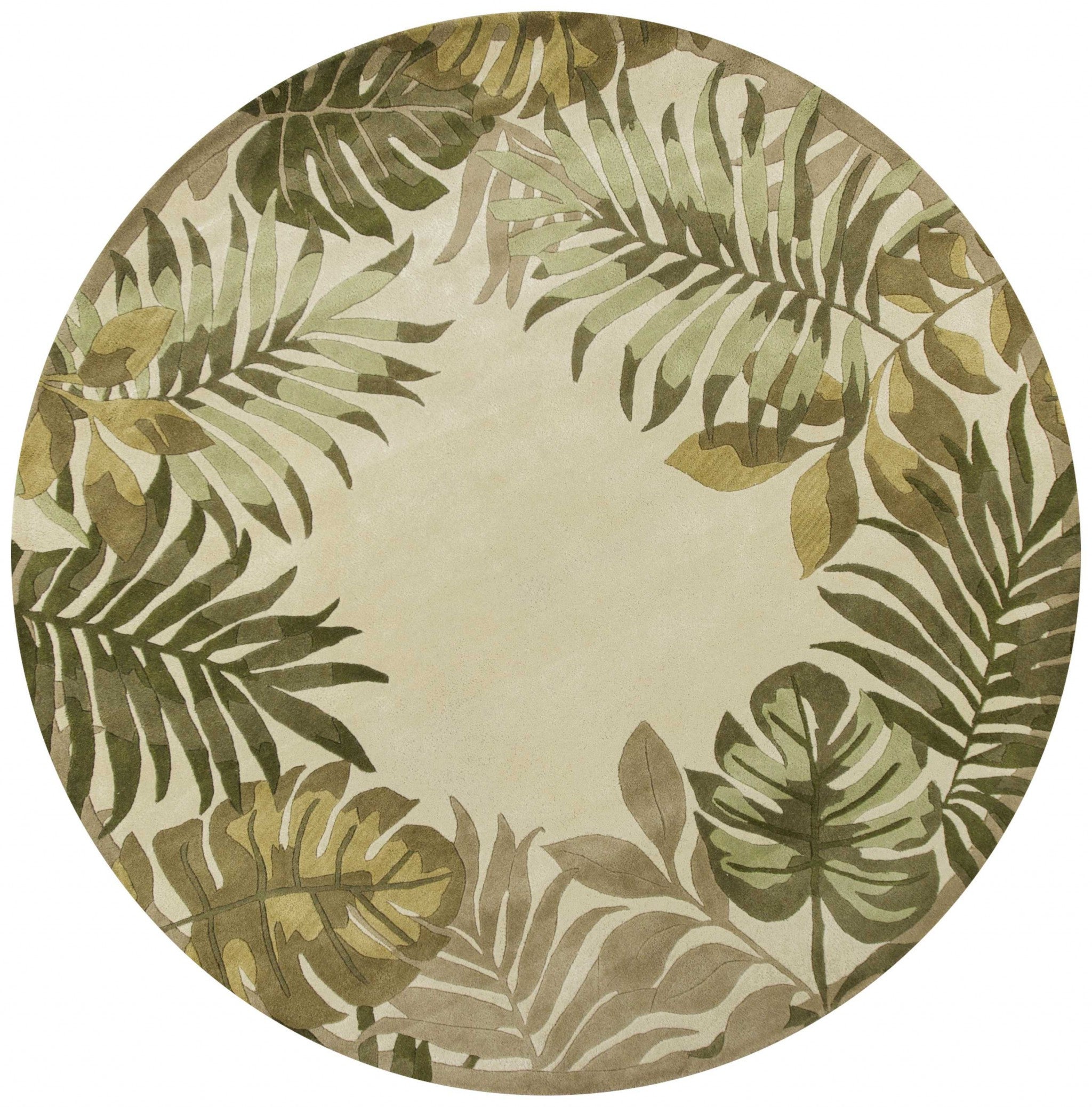 5'X8' Ivory Hand Tufted Bordered Tropical Leaves Indoor Area Rug