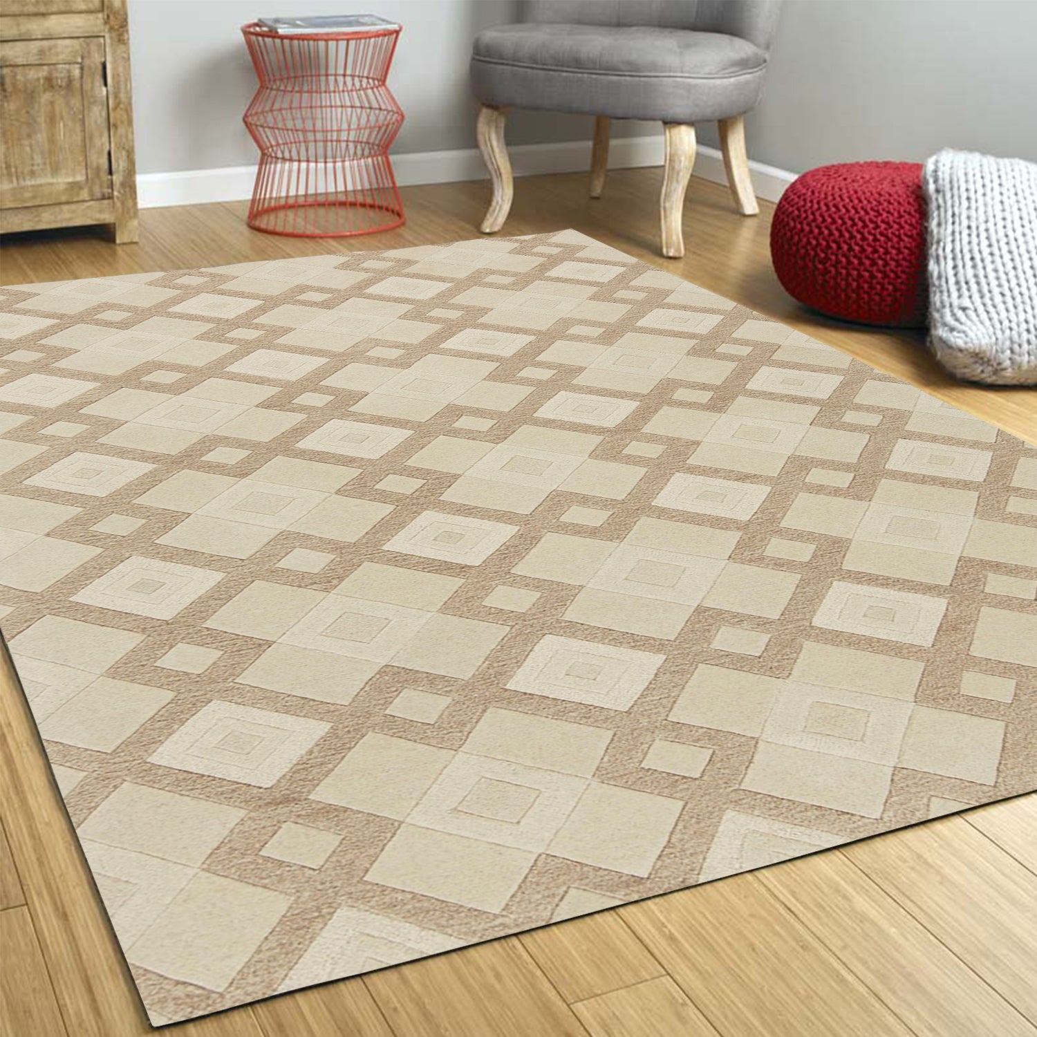 8'X11' Ivory Hand Tufted Geometric Diamond Pattern Indoor Area Rug
