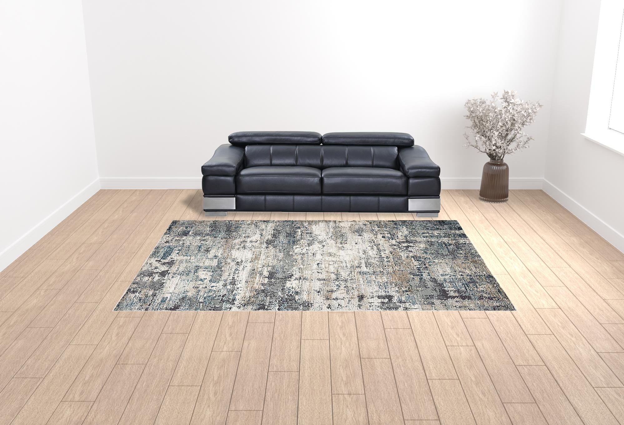 8' Ivory Teal Machine Woven Abstract Round Indoor Area Rug