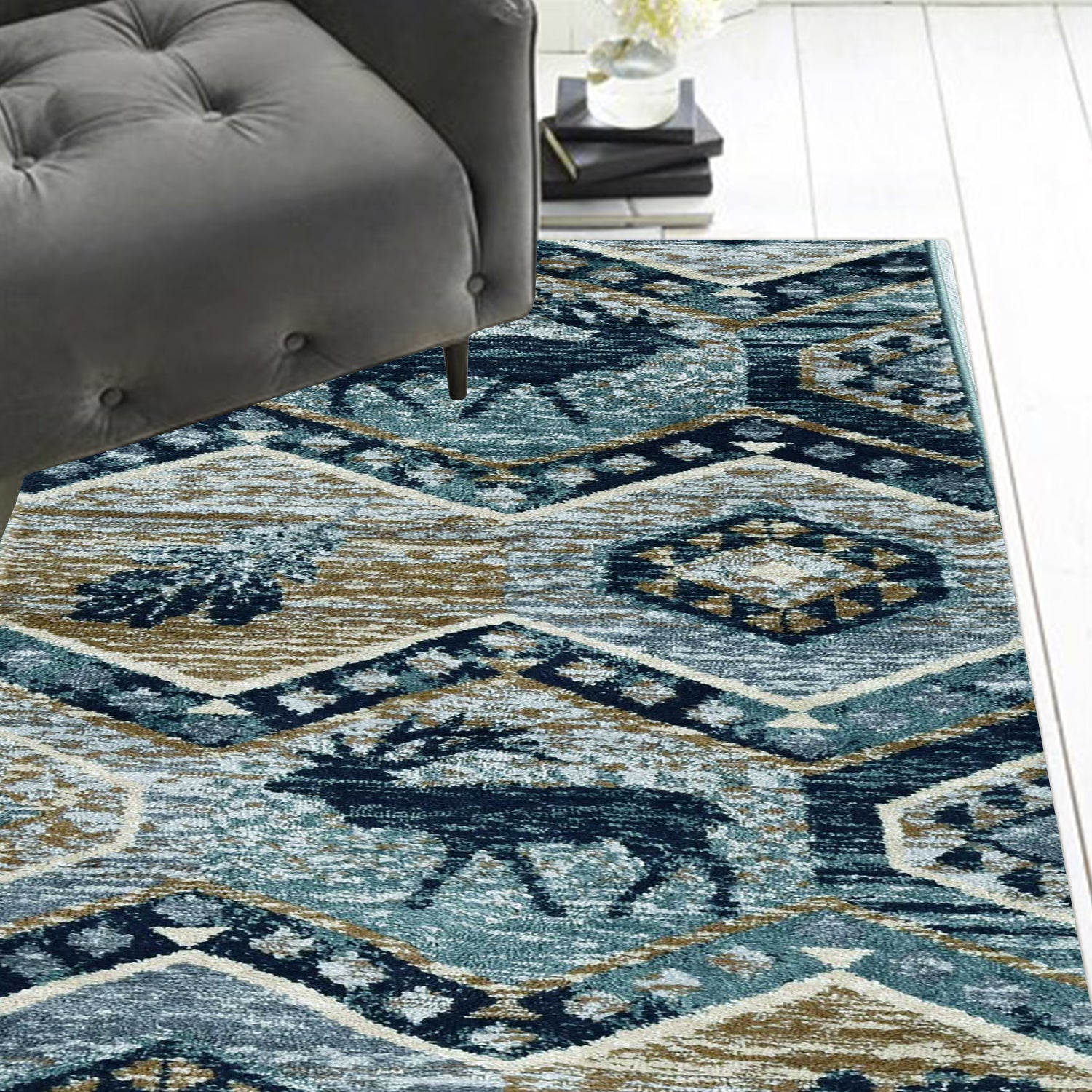 8' Seafoam Machine Woven Geometric Lodge Round Indoor Area Rug