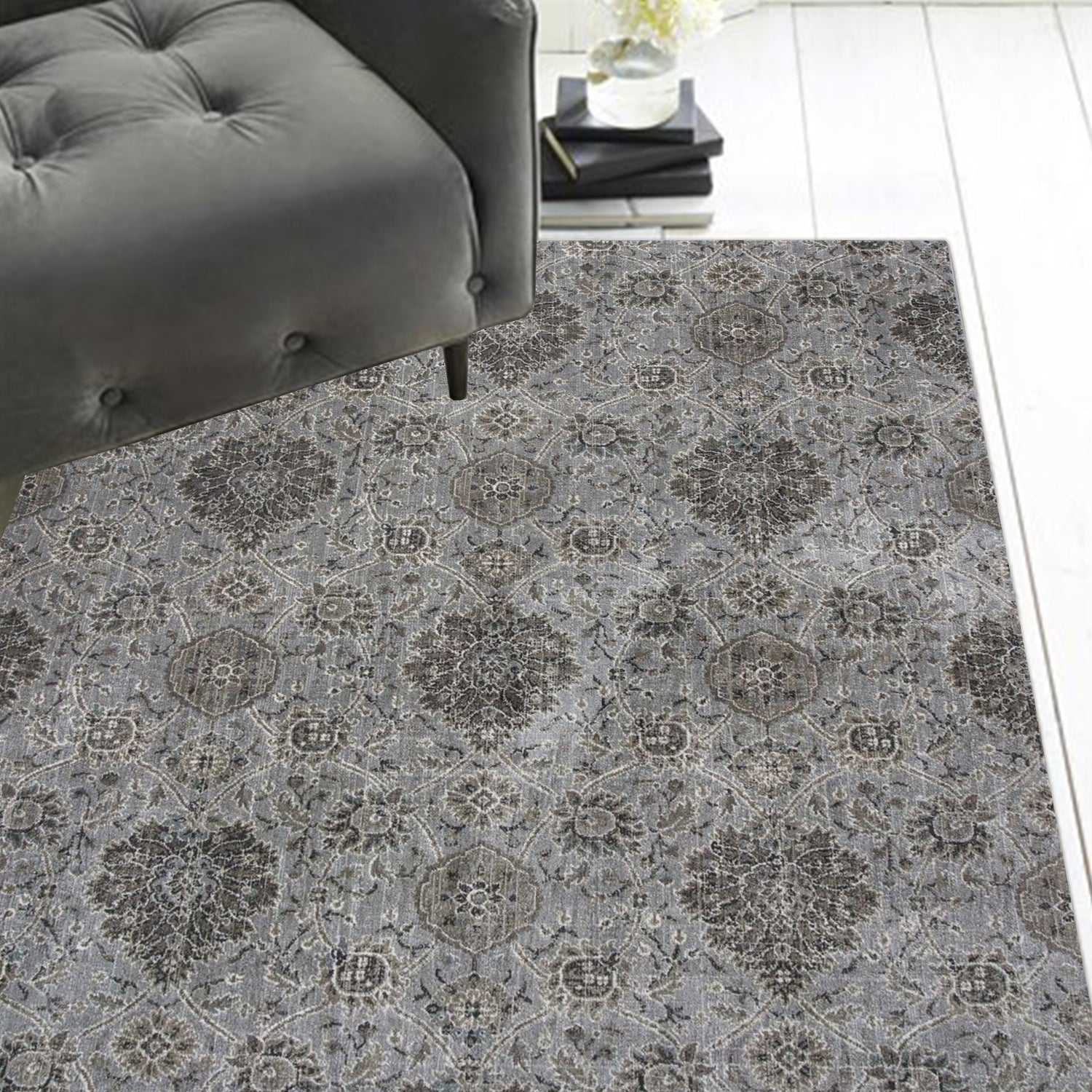 8'X11' Silver Machine Woven Traditional Floral Indoor Area Rug