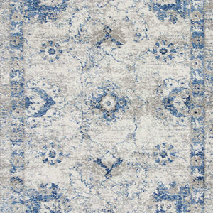 8' Grey Blue Machine Woven Bordered Floral Indoor Runner Rug
