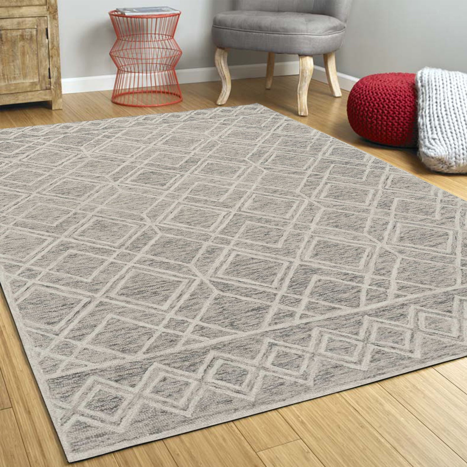 5' X 7' Sand Geometric Diamond Wool Indoor Area Rug
