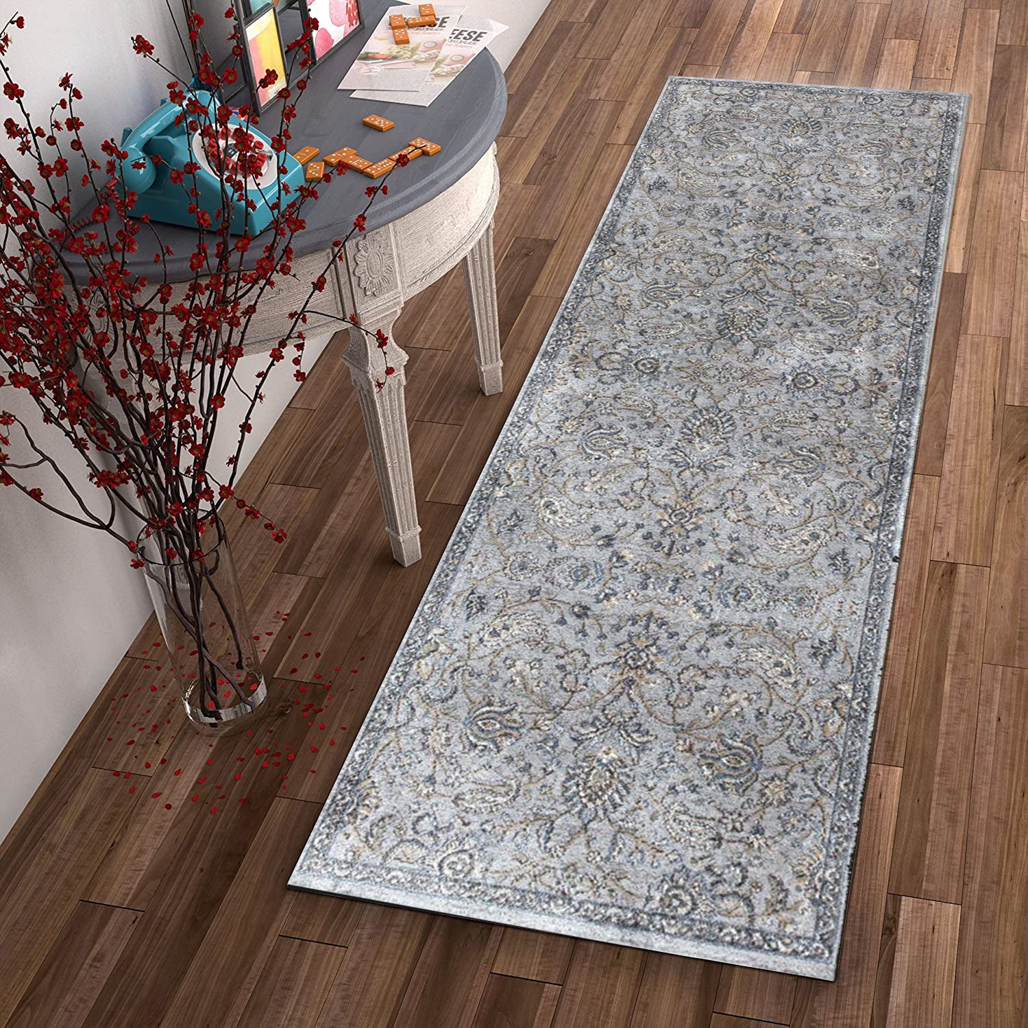 8'X11' Silver Blue Machine Woven Traditional Floral Indoor Area Rug