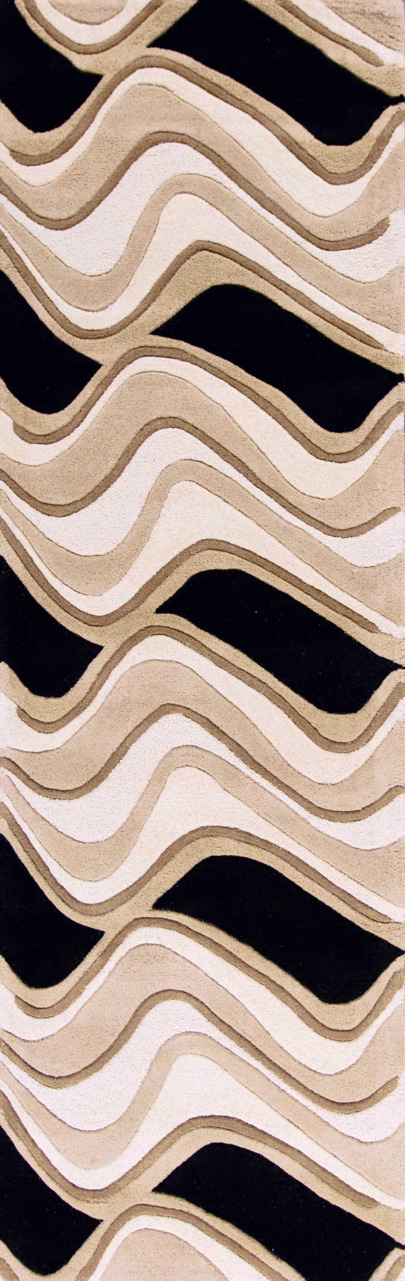 3' X 5' Black Or Beige Abstract Waves Wool Area Rug