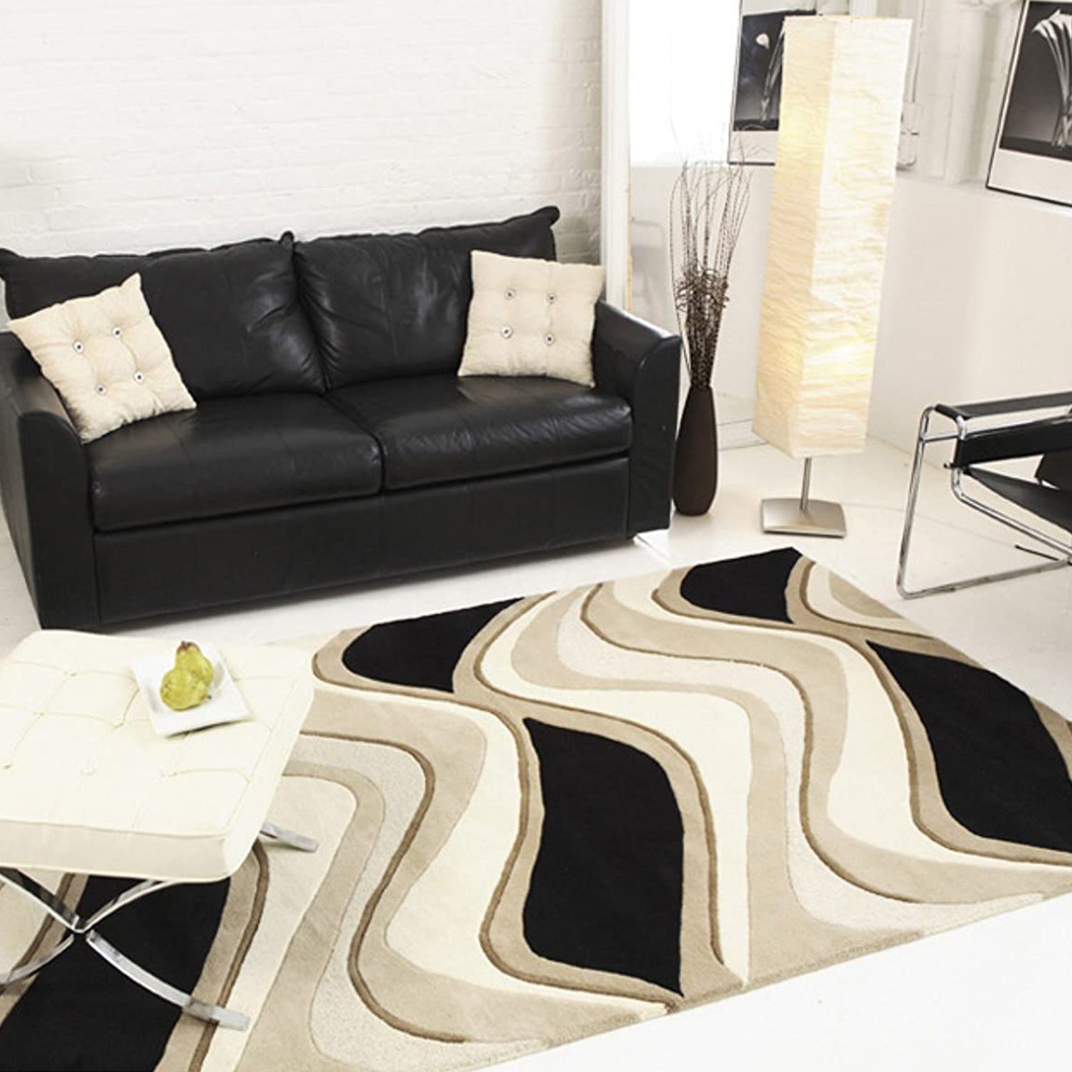 3' X 5' Black Or Beige Abstract Waves Wool Area Rug