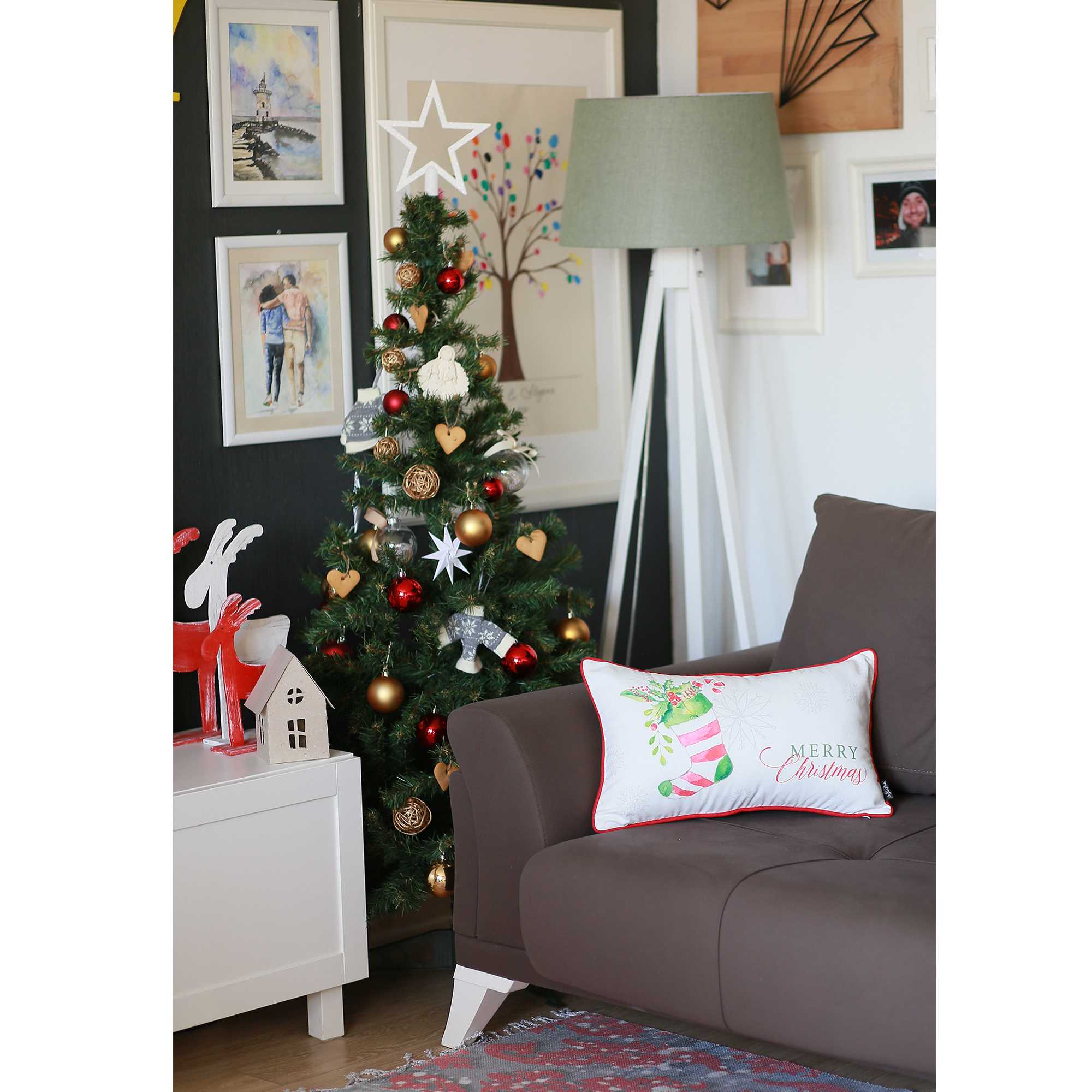 Merry Christmas Filled Stocking Decorative Lumbar Throw Pillow Cover