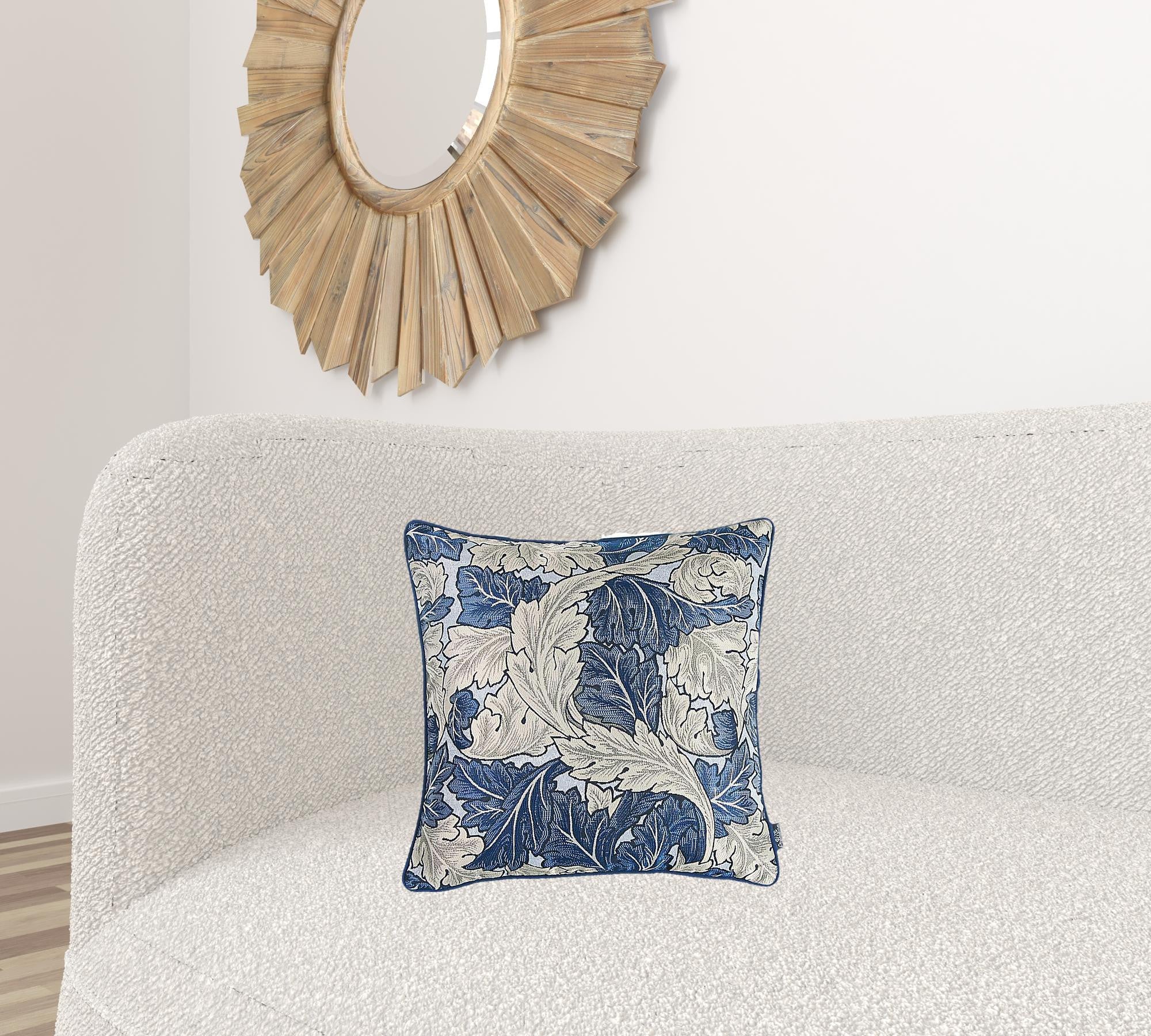 Blue And Grey Jacquard Leaf Decorative Throw Pillow Cover