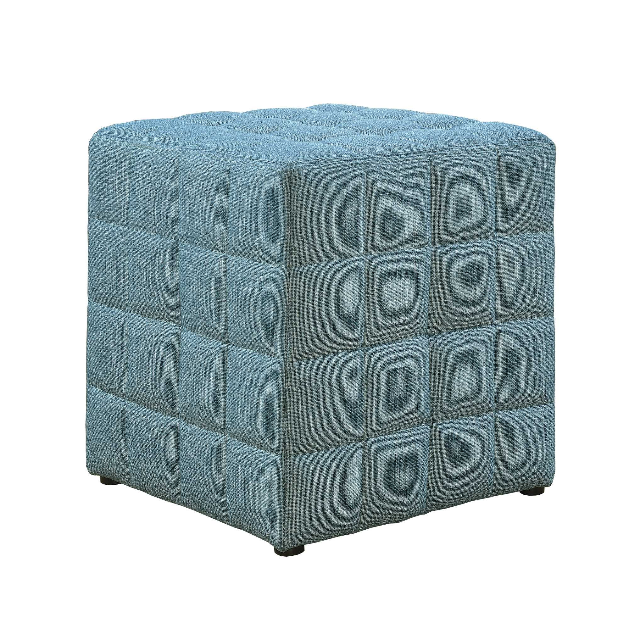 17" Light Blue 100% Linen Tufted Checkered Cube Ottoman