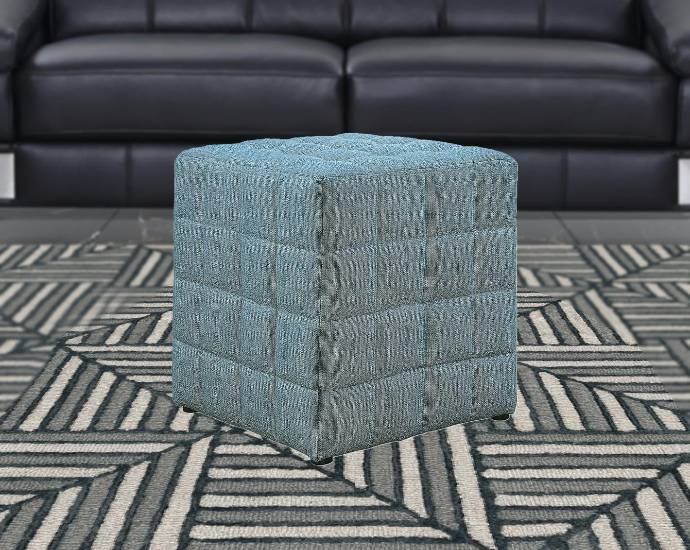 17" Light Blue 100% Linen Tufted Checkered Cube Ottoman