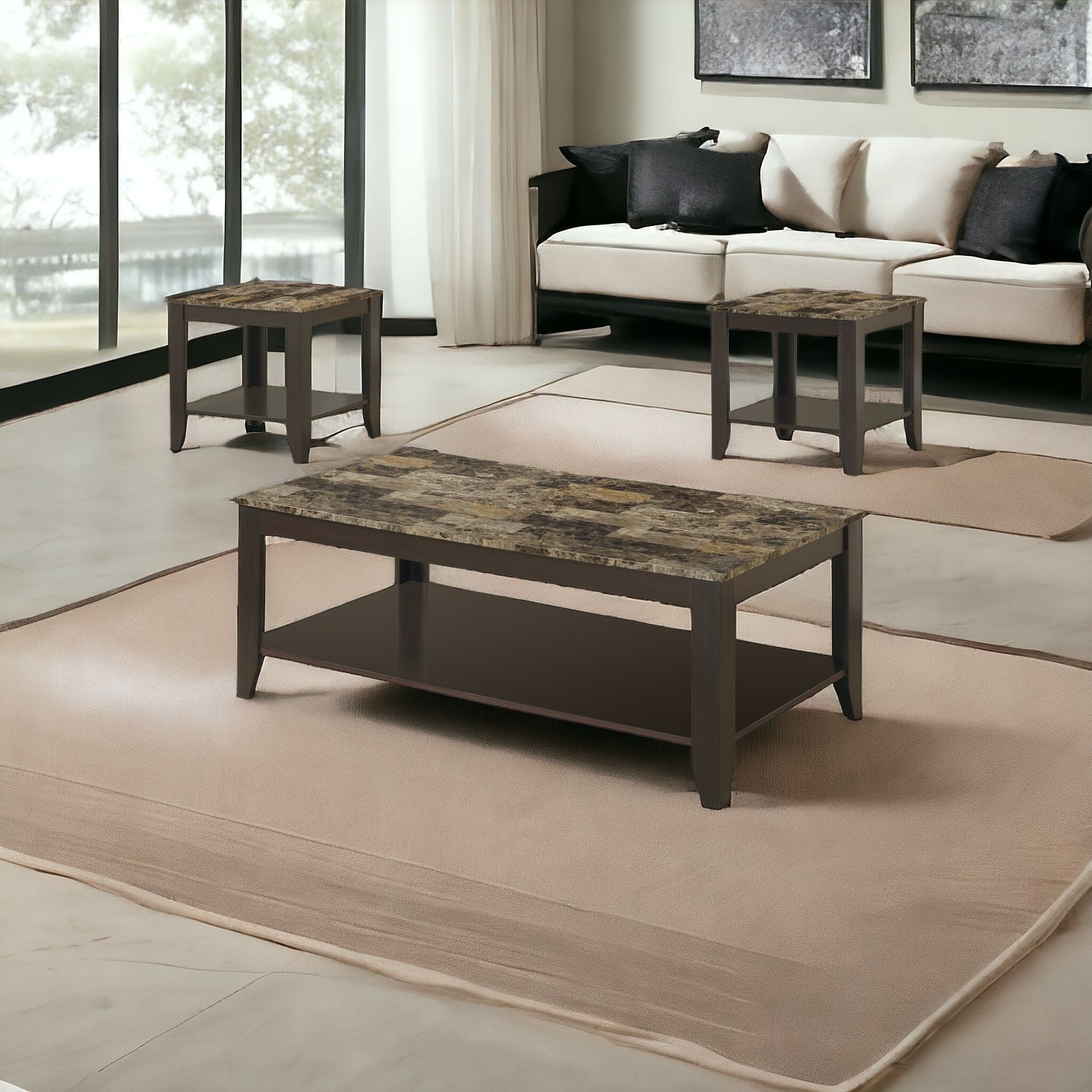 Juego de mesa superior con aspecto de mármol Cappuccino, juego de 3 piezas