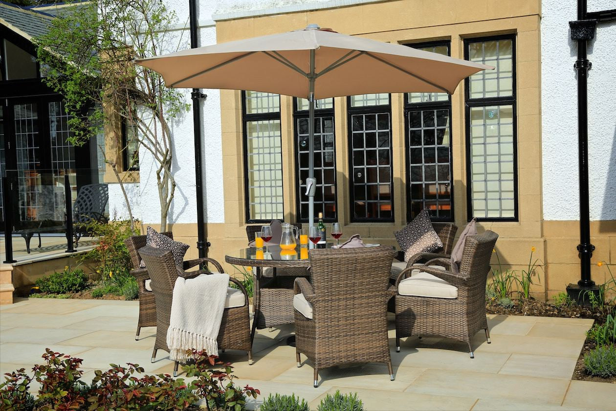 Brown 7 Piece Outdoor Dining Set With Cushions - 211" x 55" x 32"