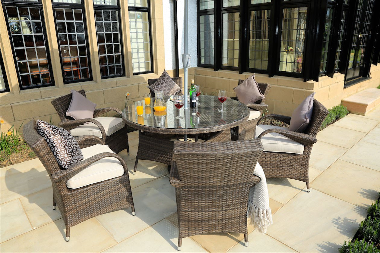 Brown 7 Piece Outdoor Dining Set With Cushions - 211" x 55" x 32"