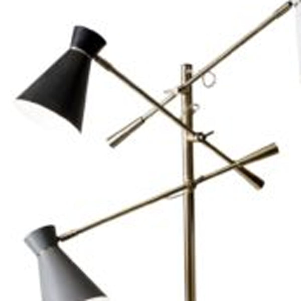 Three Arm Adjustable Floor Lamp In Brass Metal With Grey Black And White Shades