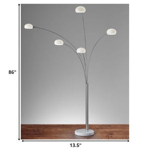 86" Steel Five Light Tree Floor Lamp With White Solid Color Bell Shade