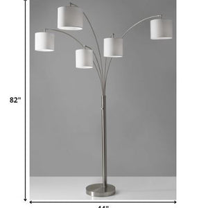 82" Steel Five Light Tree Floor Lamp With White Solid Color Drum Shade