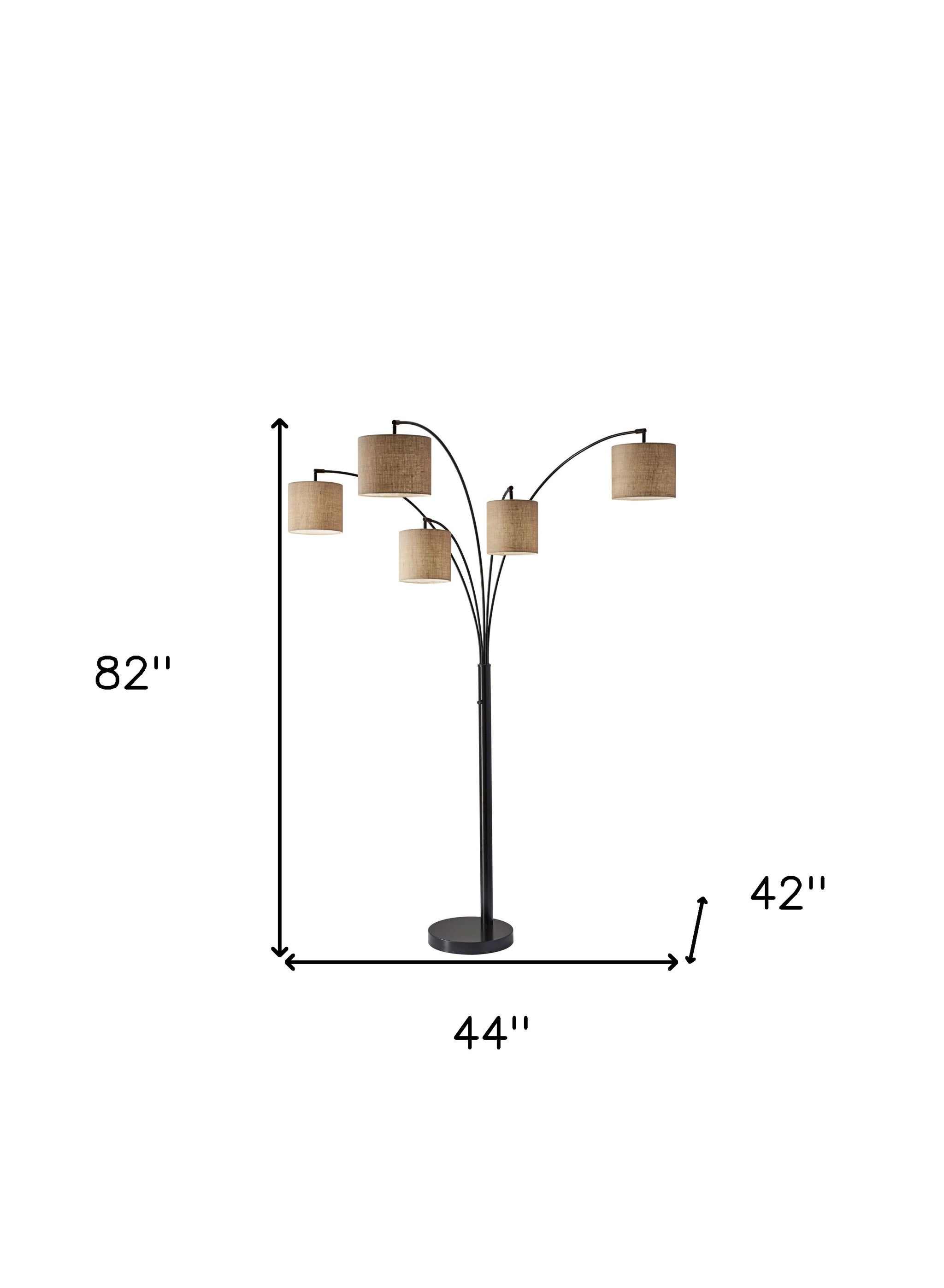 82" Steel Five Light Tree Floor Lamp With White Solid Color Drum Shade