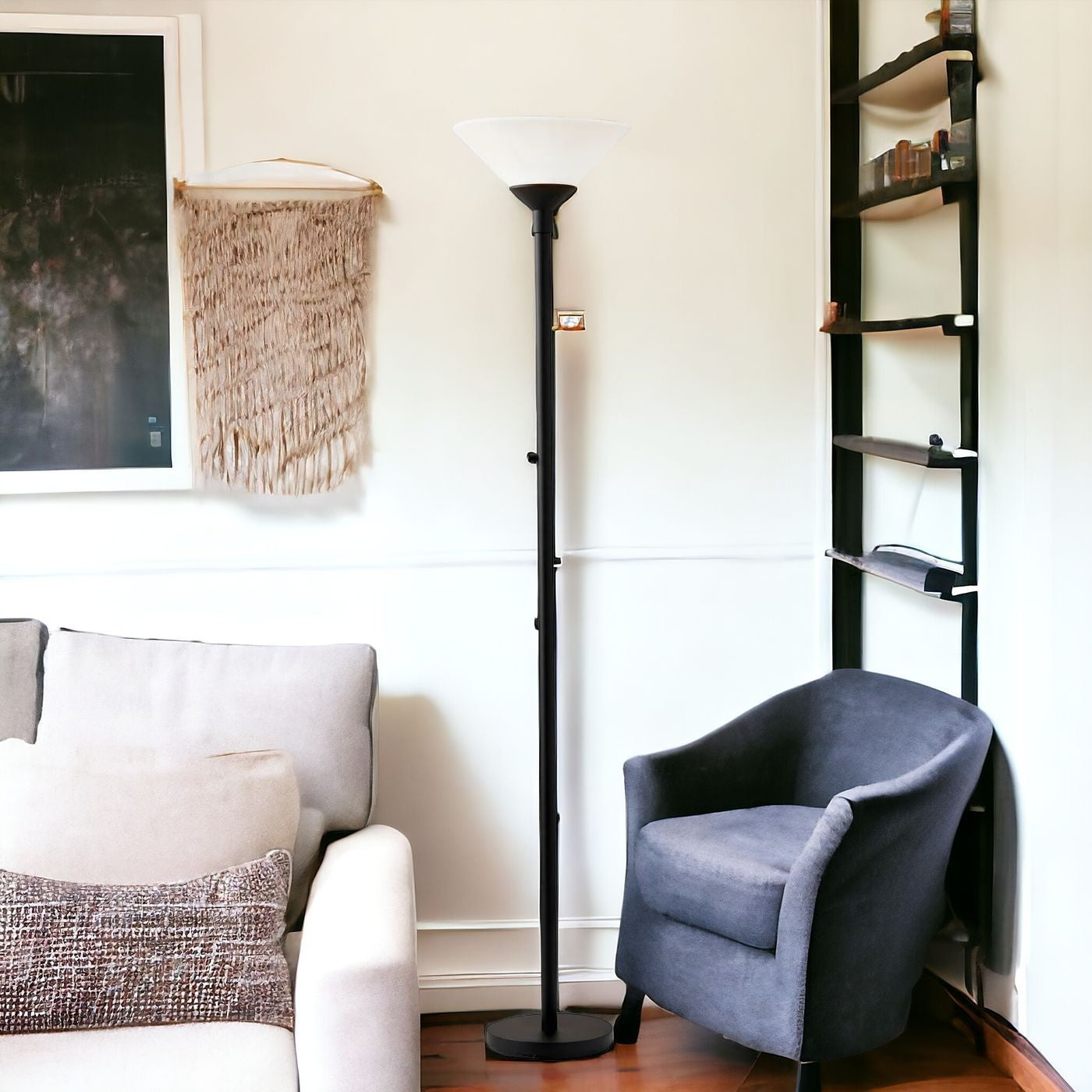Black Torchiere Floor Lamp With White Cone Shade 73"