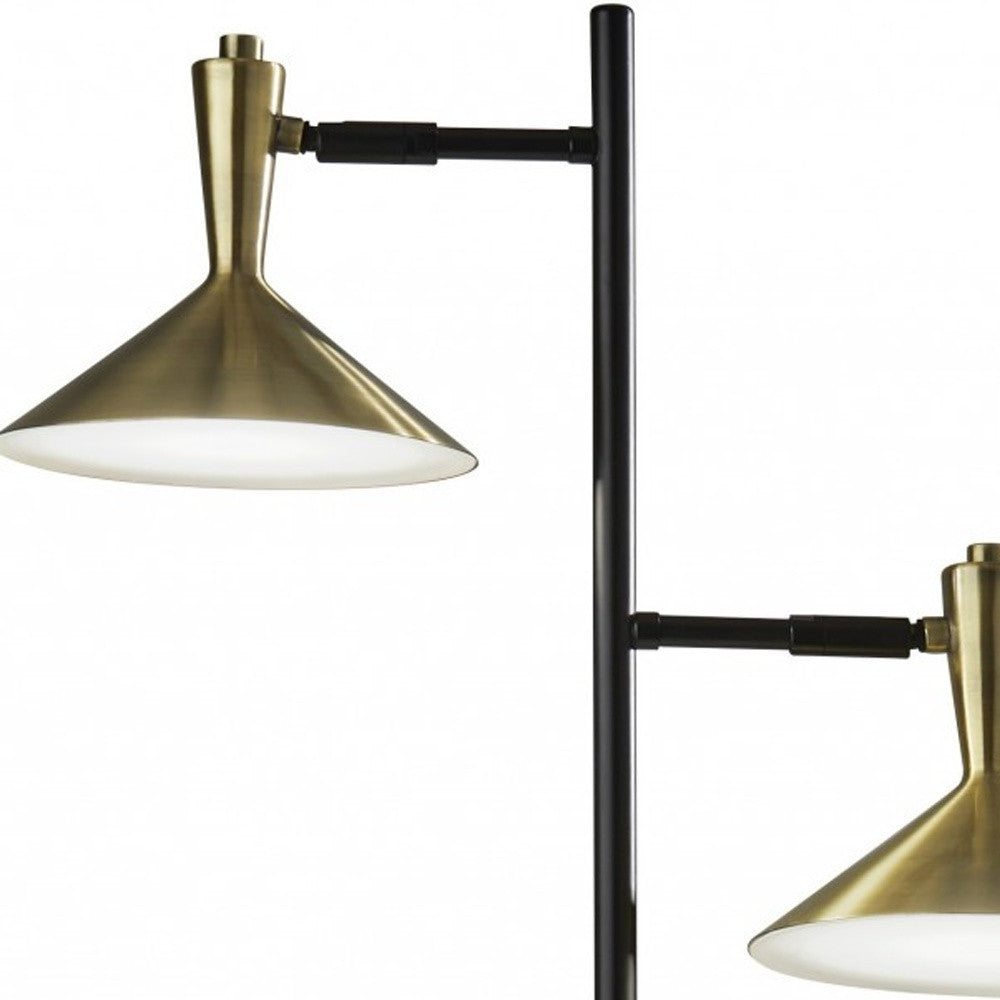 Black Two Light Led Light Changing Tree Floor Lamp With Gold Solid Color Cone Shade 65"