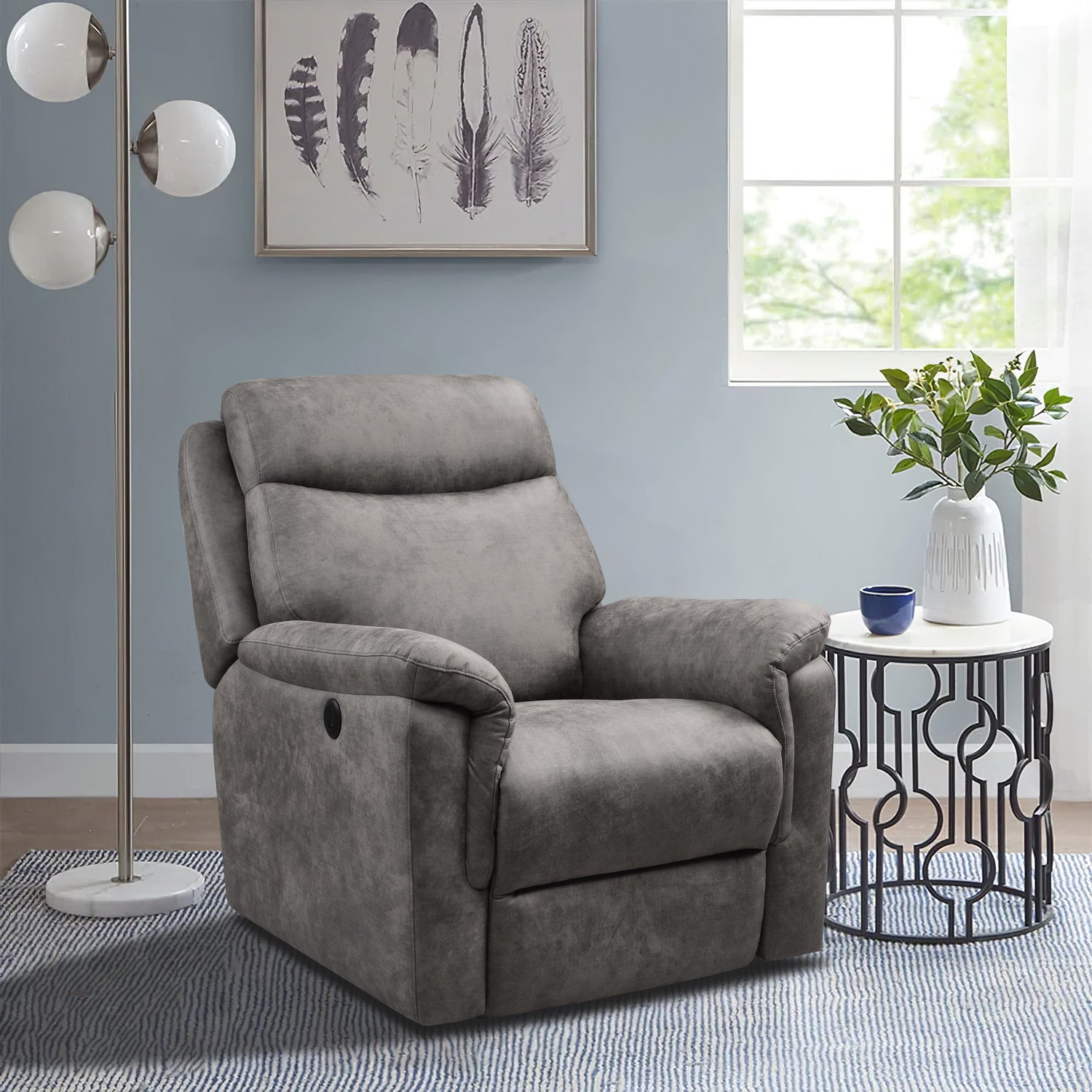 Grey Air Leather Power Recliner With Usb Port - 36” x 39" x 41"