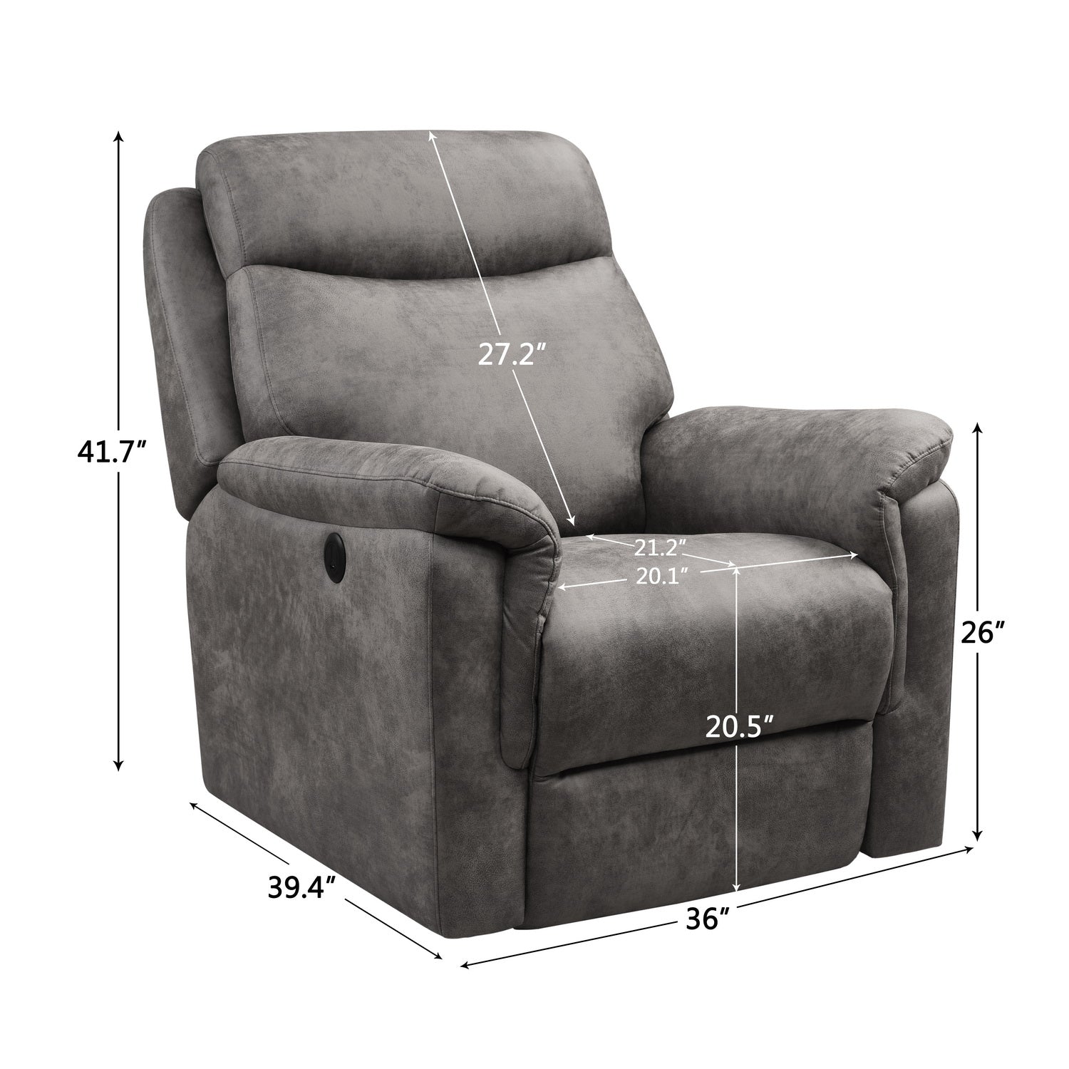 Grey Air Leather Power Recliner With Usb Port - 36” x 39" x 41"