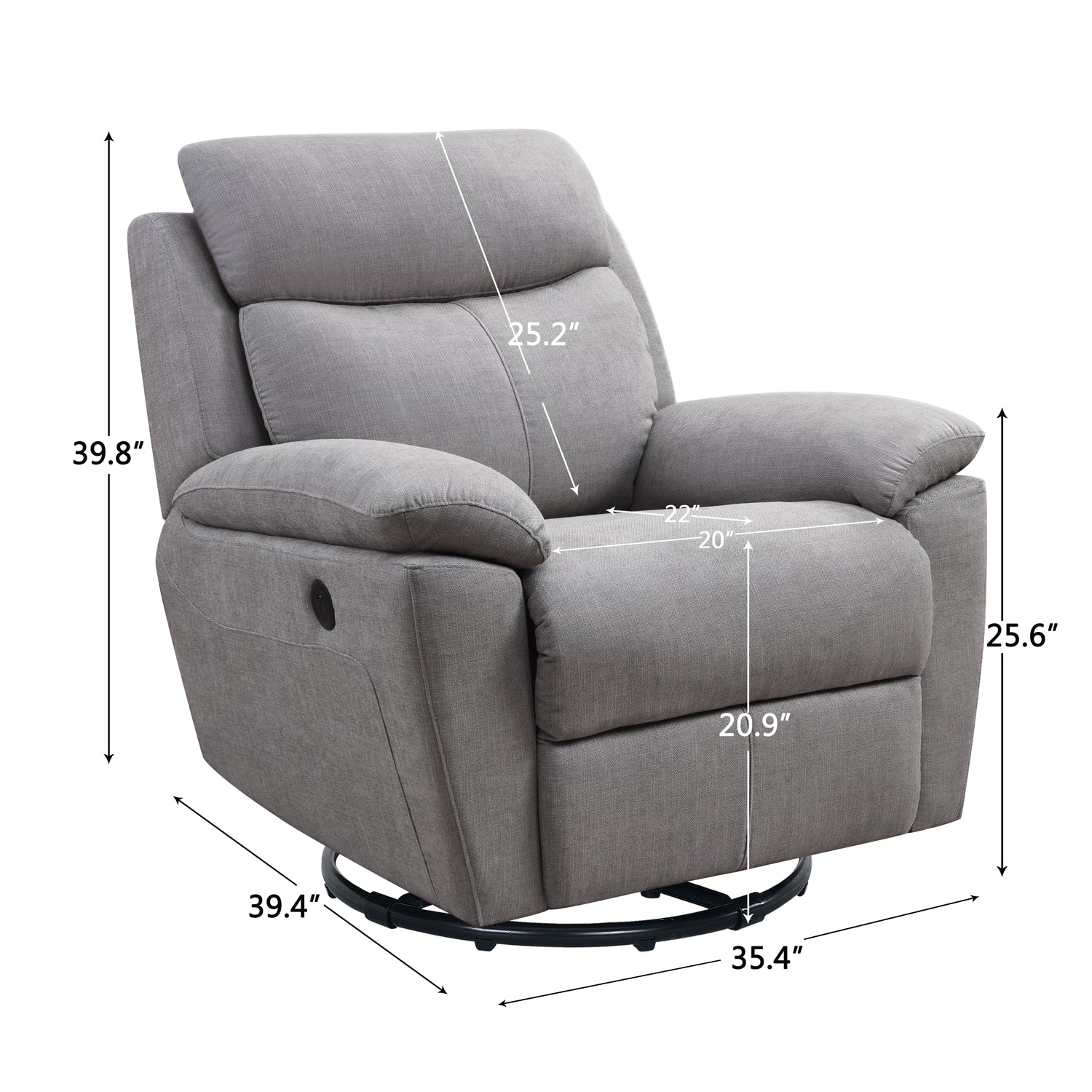 Light Grey Fabric Glider & Swivel Power Recliner With Usb Port - 35" x 39" x 39"