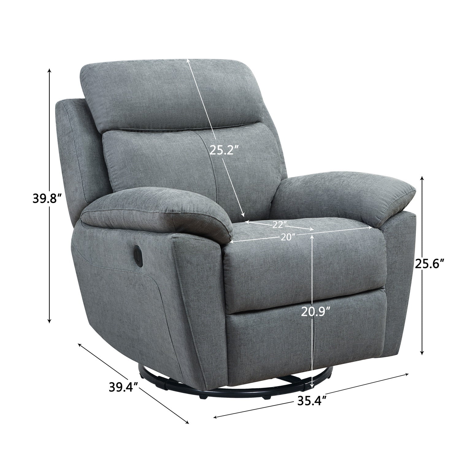 Light Grey Fabric Glider & Swivel Power Recliner With Usb Port - 35" x 39" x 39"