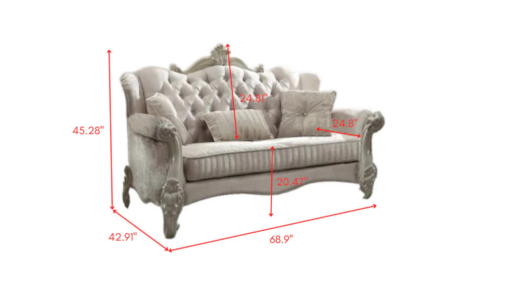 Ivory Velvet Loveseat W3 Pillows 69" X 43" X 45"