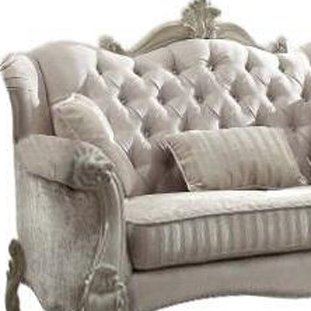 Ivory Velvet Loveseat W3 Pillows 69" X 43" X 45"
