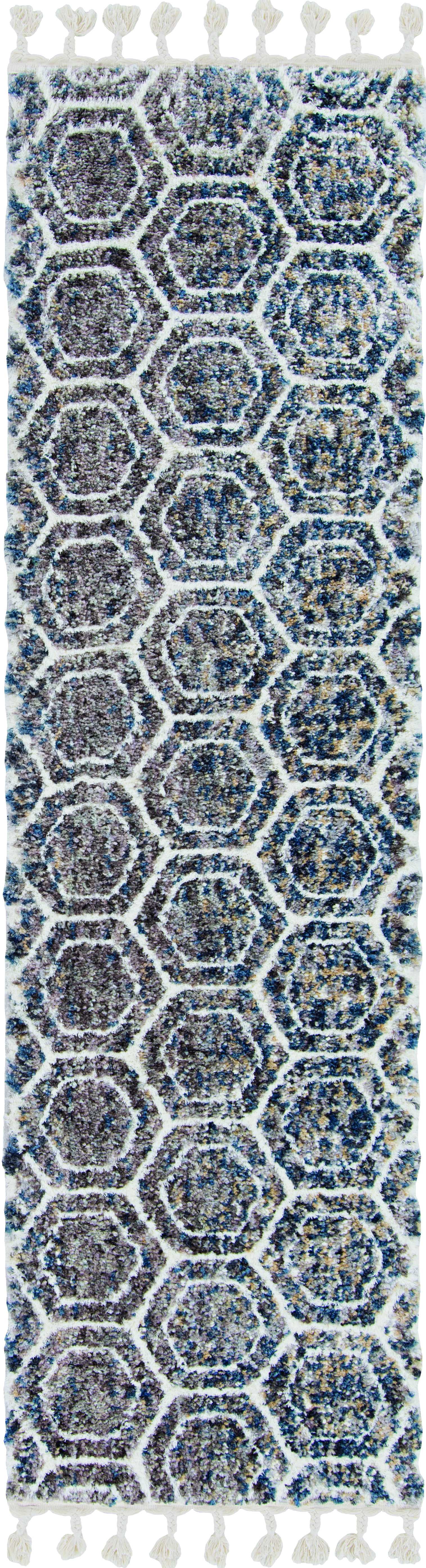 2' X 7' Grey Or Teal Geometric Hexagon Runner Rug With Fringe