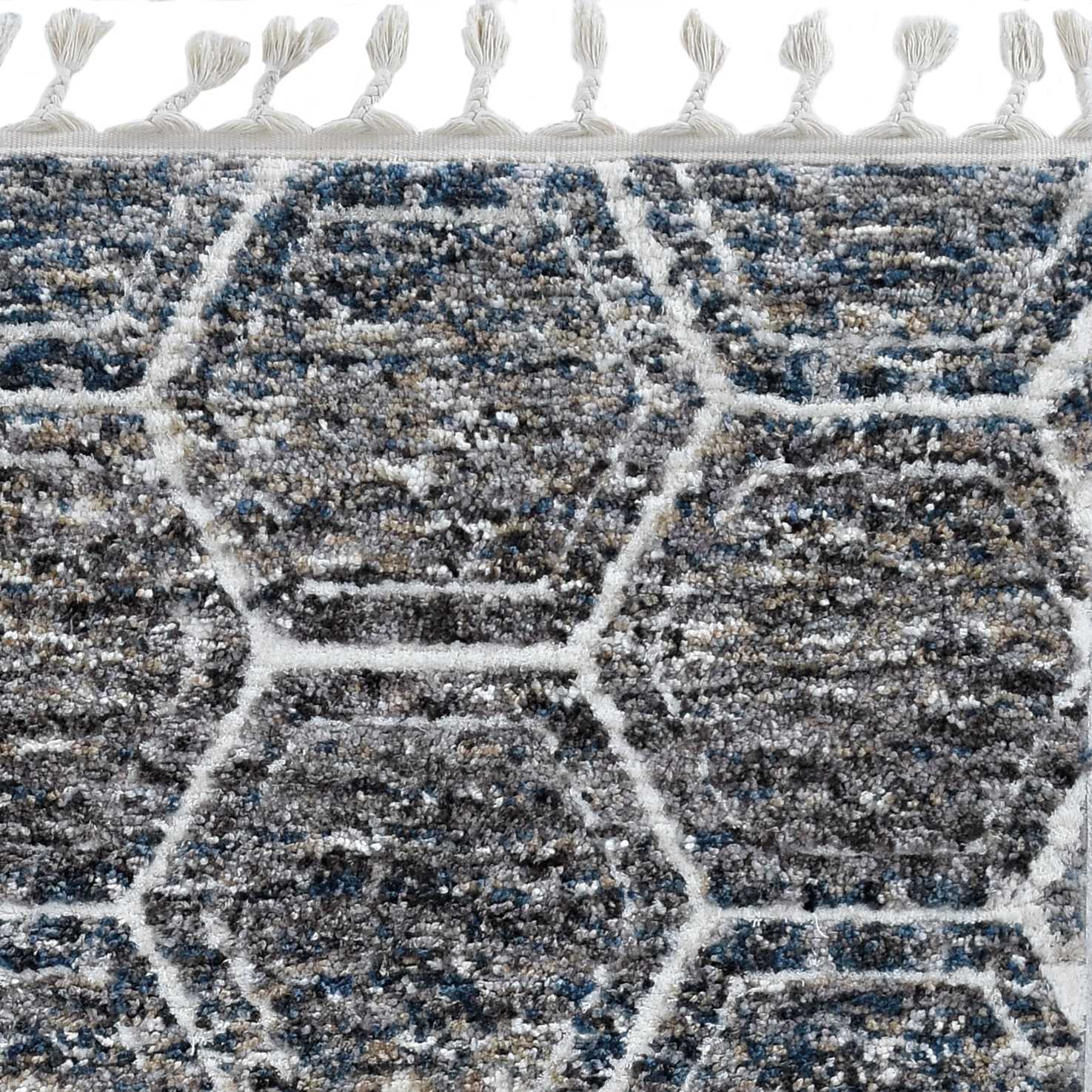2' X 7' Grey Or Teal Geometric Hexagon Runner Rug With Fringe