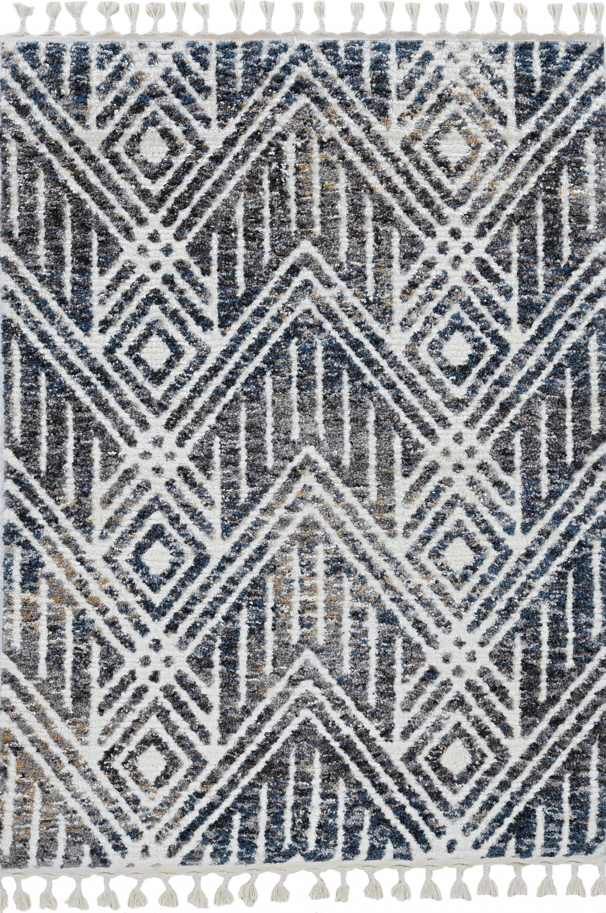 2' X 7' Grey Or Ivory Geometric Diamond Runner Rug With Fringe