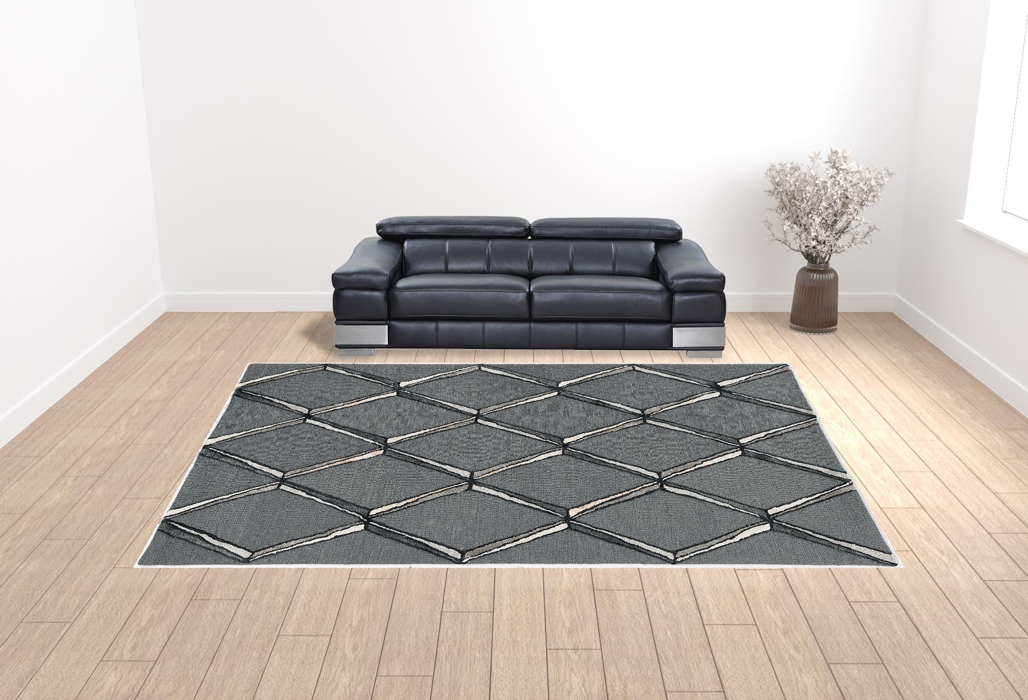 12'X15' Charcoal Silver Hand Tufted Diamond Pattern Indoor Area Rug