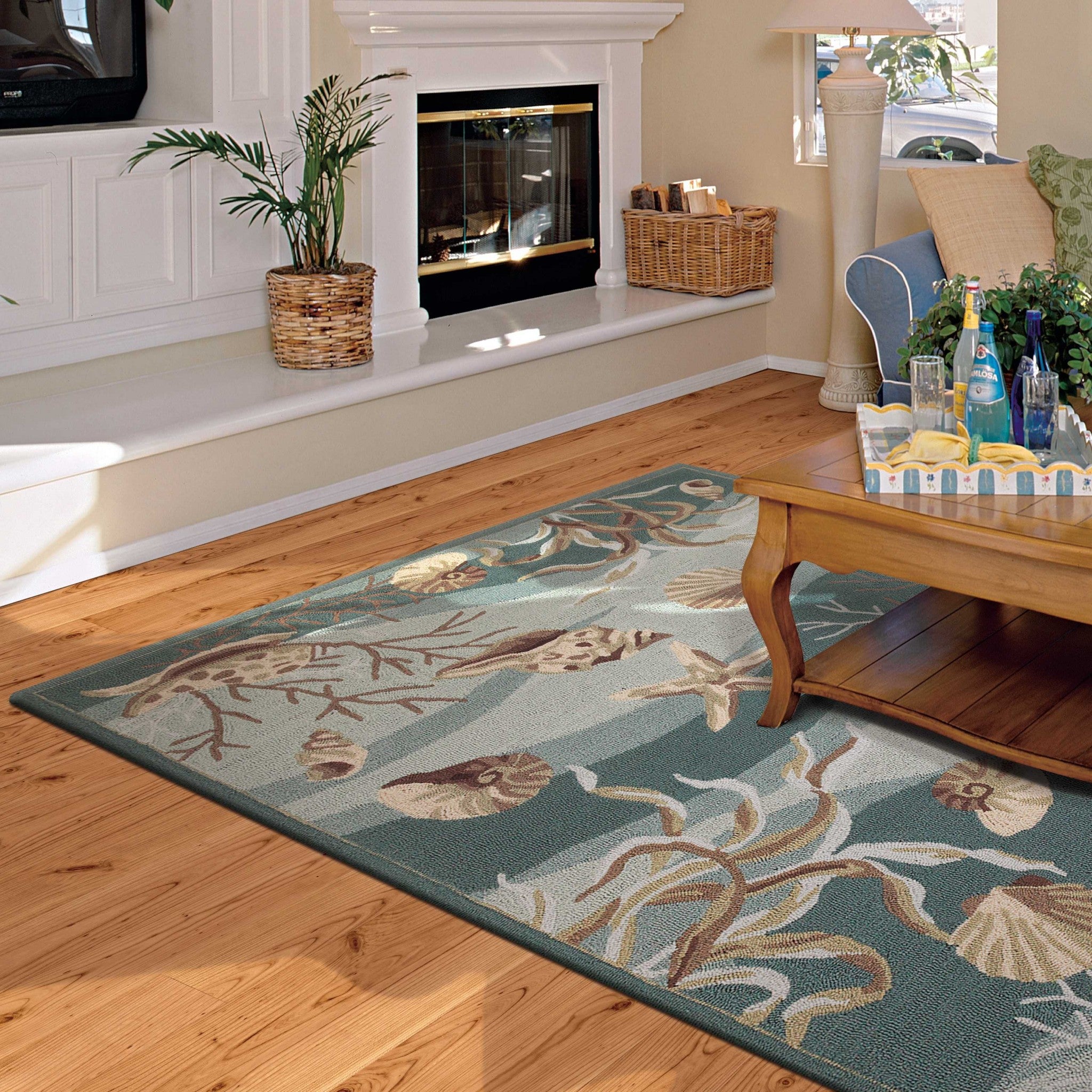 Seafoam Green Hand Hooked Sea Shells Indoor Runner Rug 8'