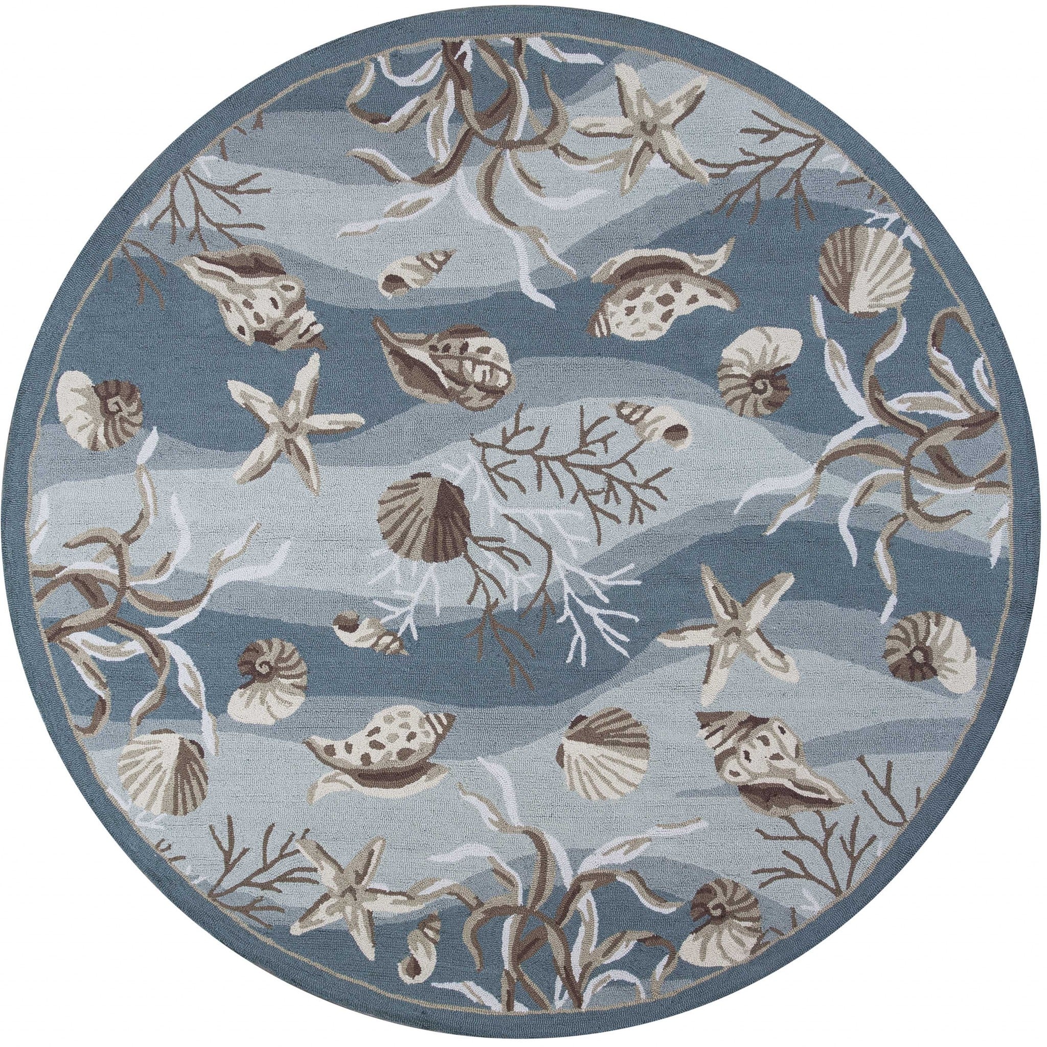 Seafoam Green Hand Hooked Sea Shells Indoor Runner Rug 8'
