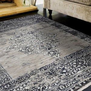 5' X 8' Sand Or Charcoal Medallion Bordered Area Rug