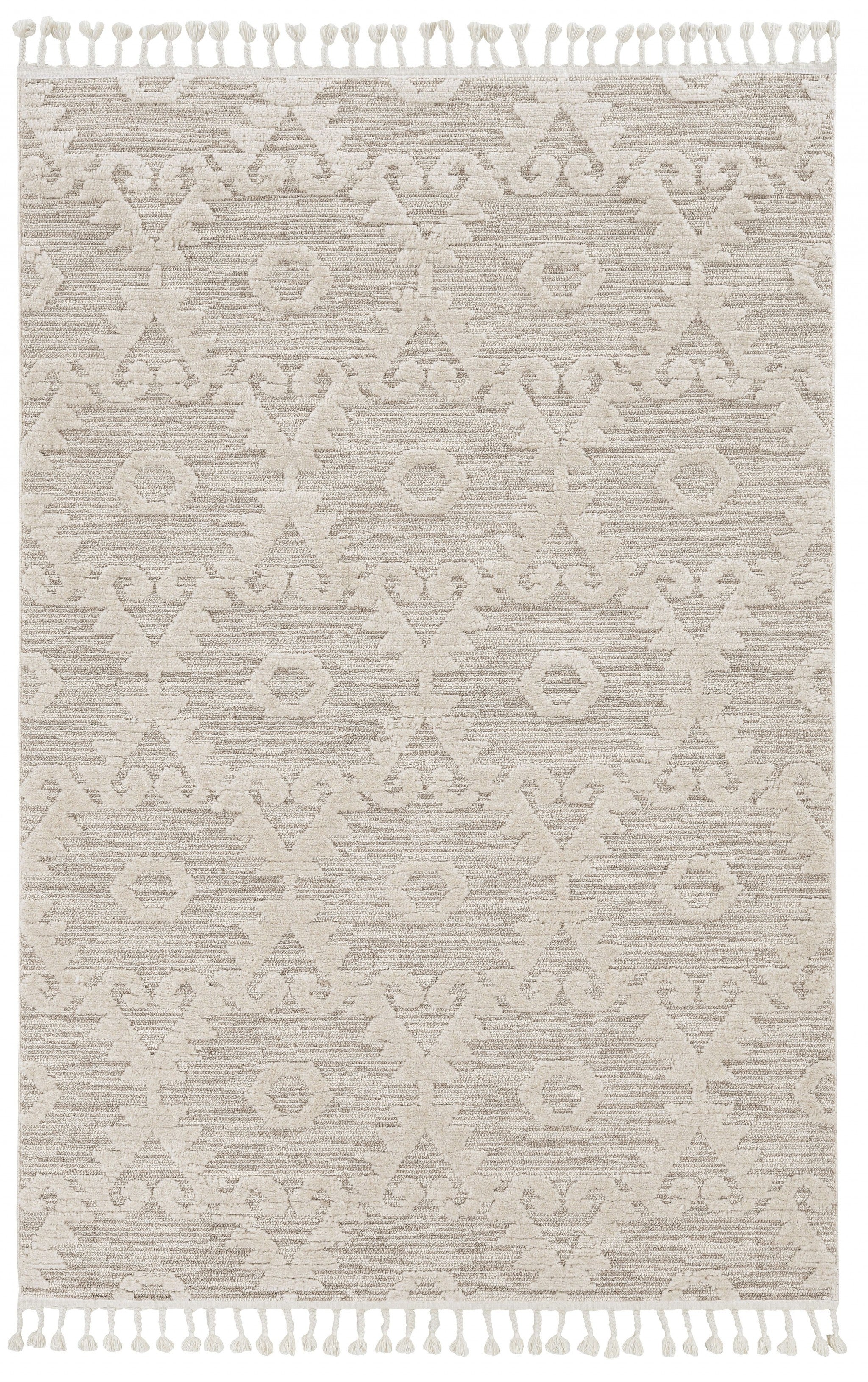 12'X15' Ivory Beige Machine Woven Geometric With Fringe Indoor Area Rug