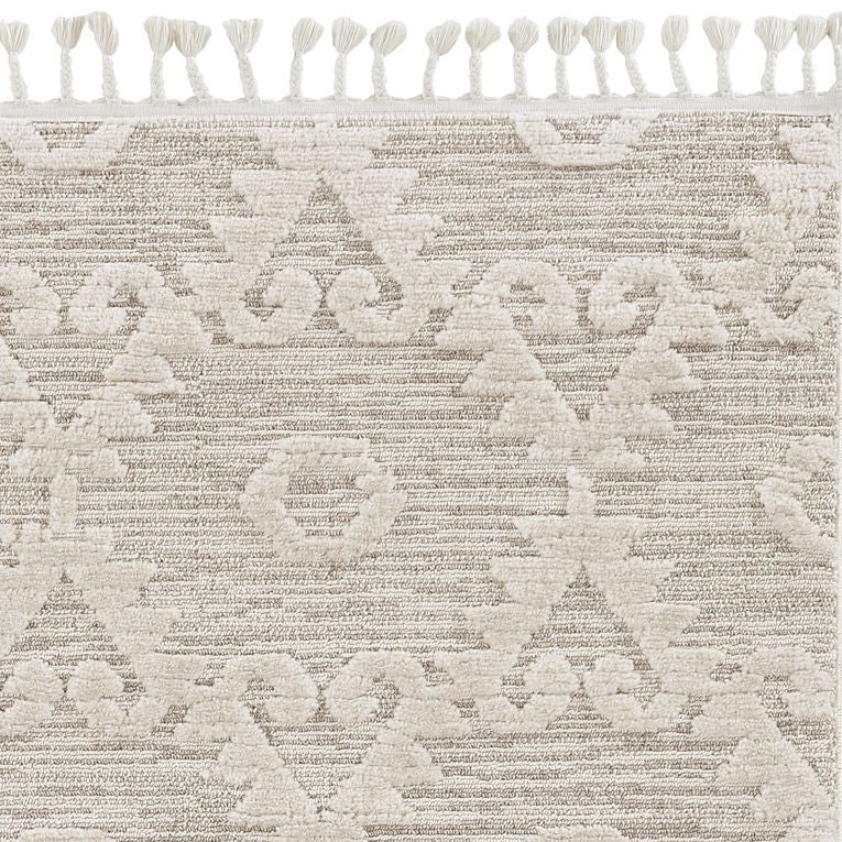 12'X15' Ivory Beige Machine Woven Geometric With Fringe Indoor Area Rug