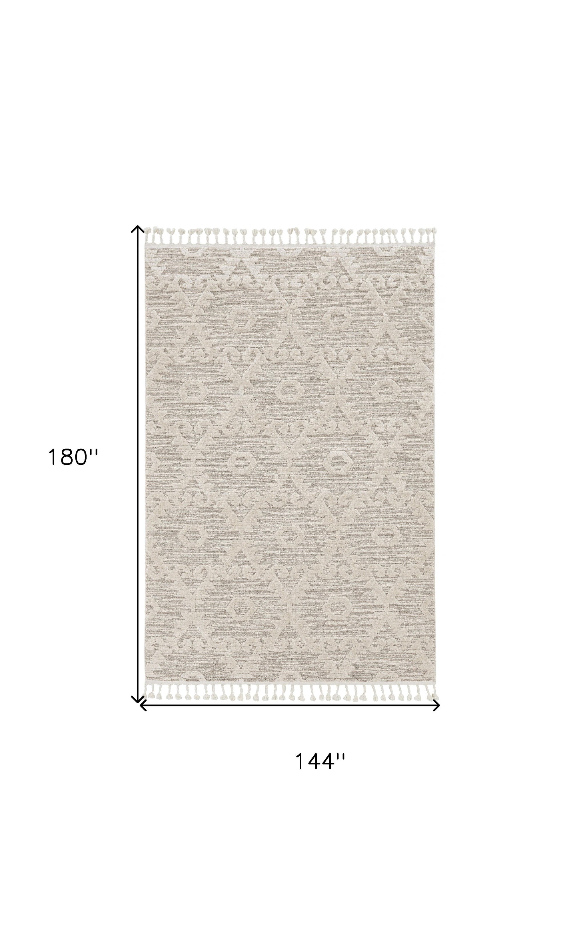 12'X15' Ivory Beige Machine Woven Geometric With Fringe Indoor Area Rug