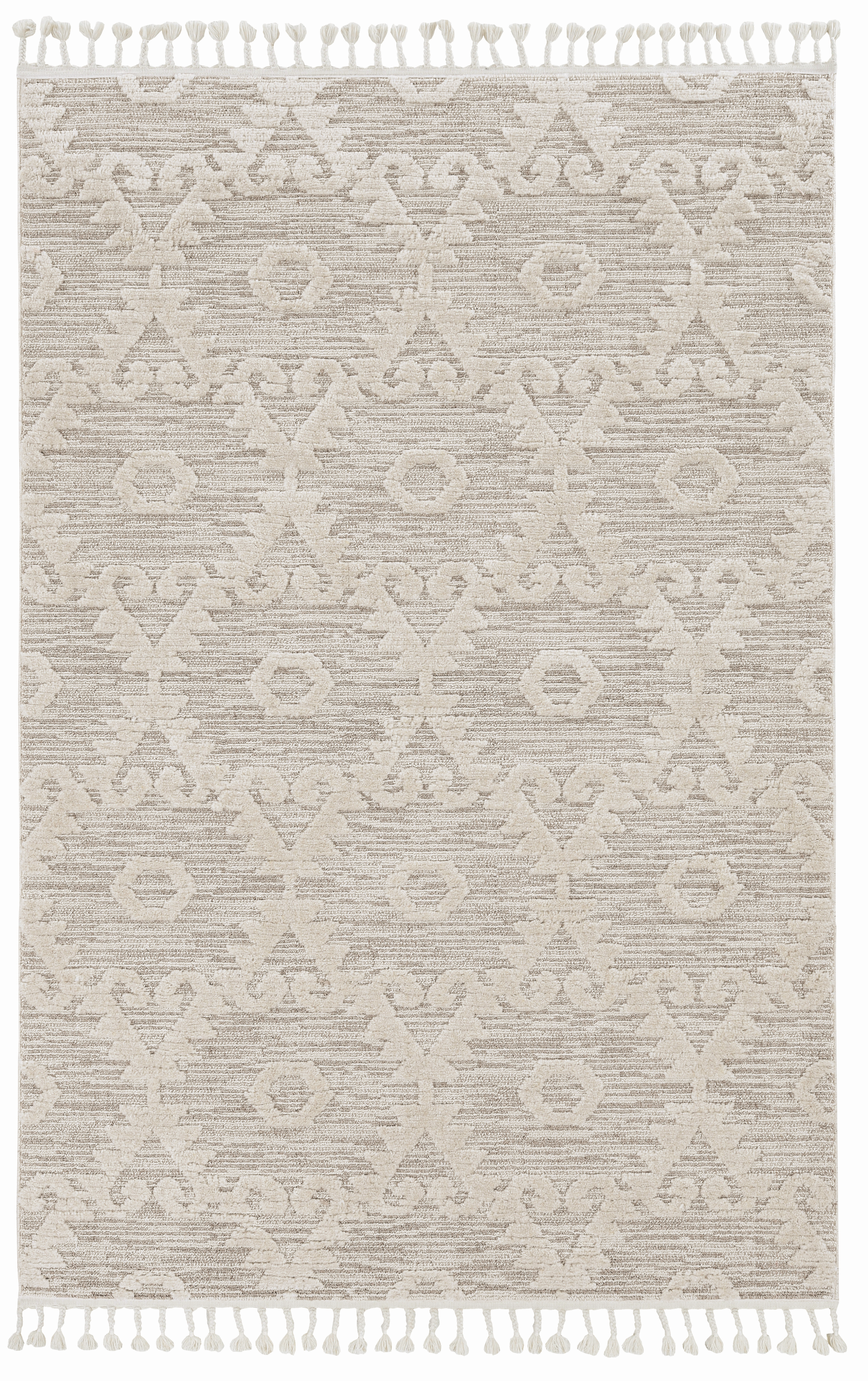 12'X15' Ivory Beige Machine Woven Geometric With Fringe Indoor Area Rug