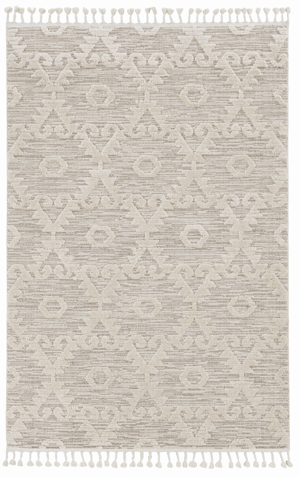 12'X15' Ivory Beige Machine Woven Geometric With Fringe Indoor Area Rug