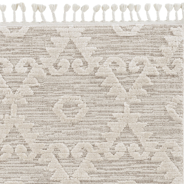 12'X15' Ivory Beige Machine Woven Geometric With Fringe Indoor Area Rug