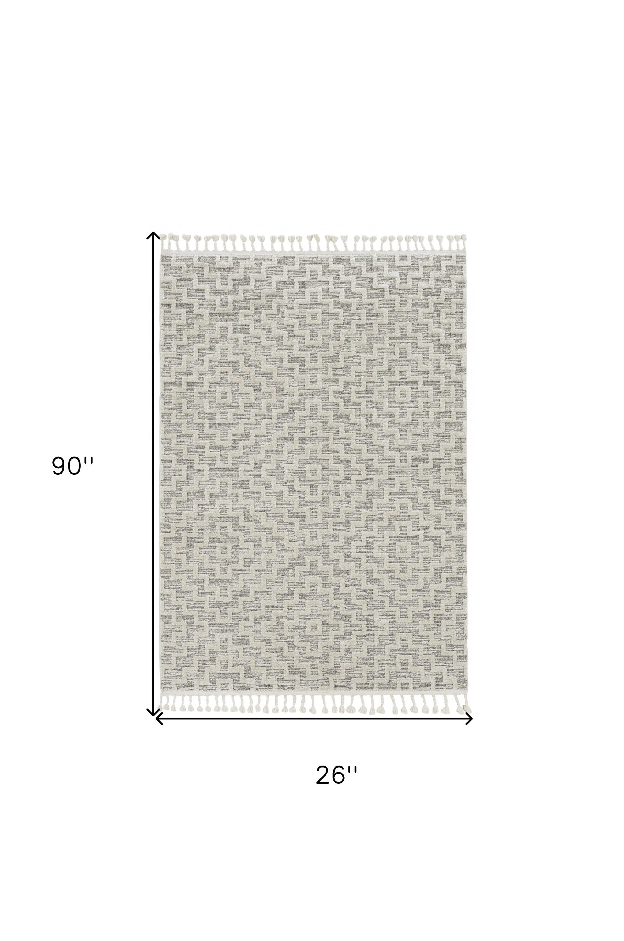 12'X15' Ivory Grey Machine Woven Diamond Pattern With Fringe Indoor Area Rug