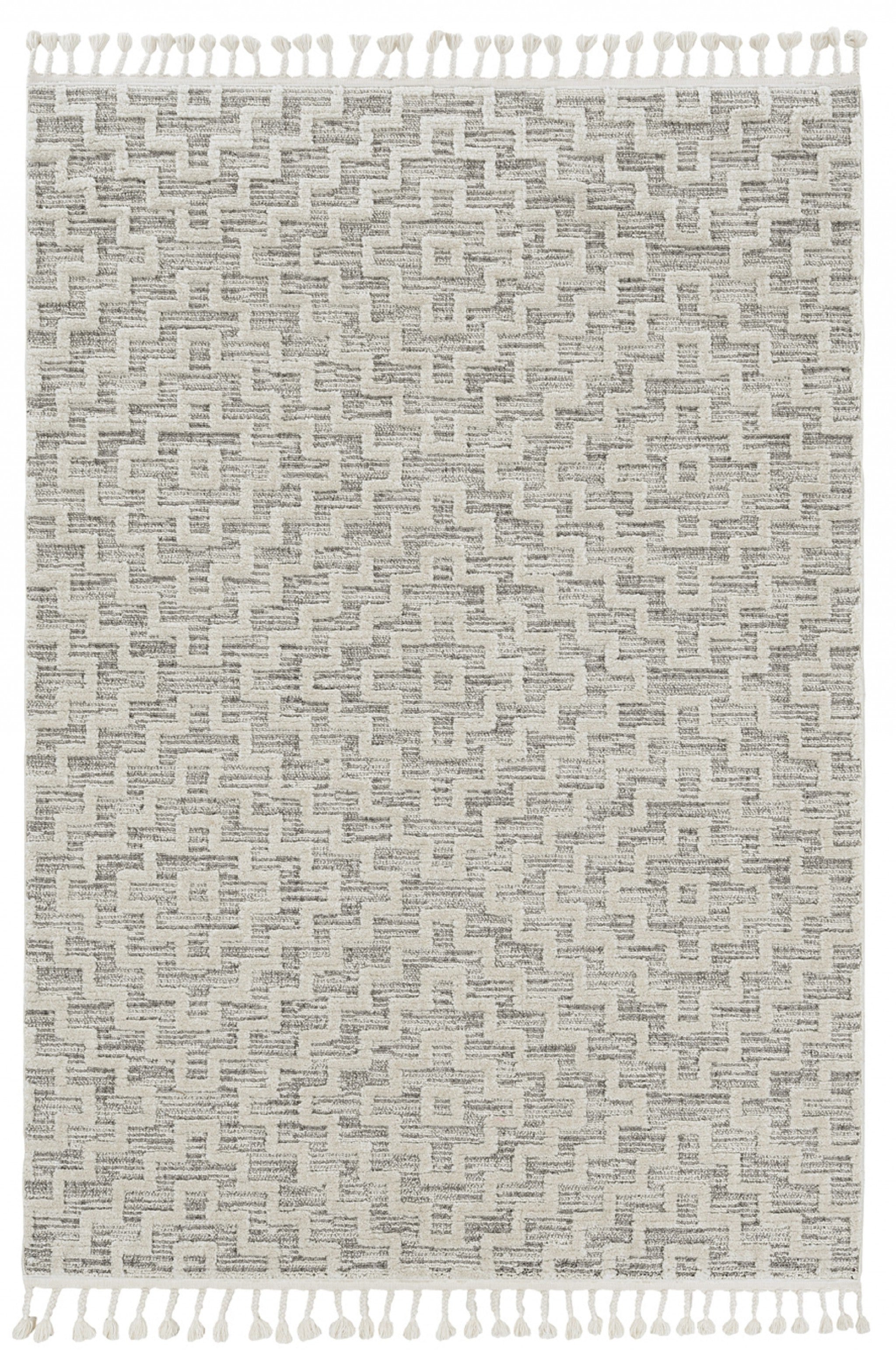 12'X15' Ivory Grey Machine Woven Diamond Pattern With Fringe Indoor Area Rug