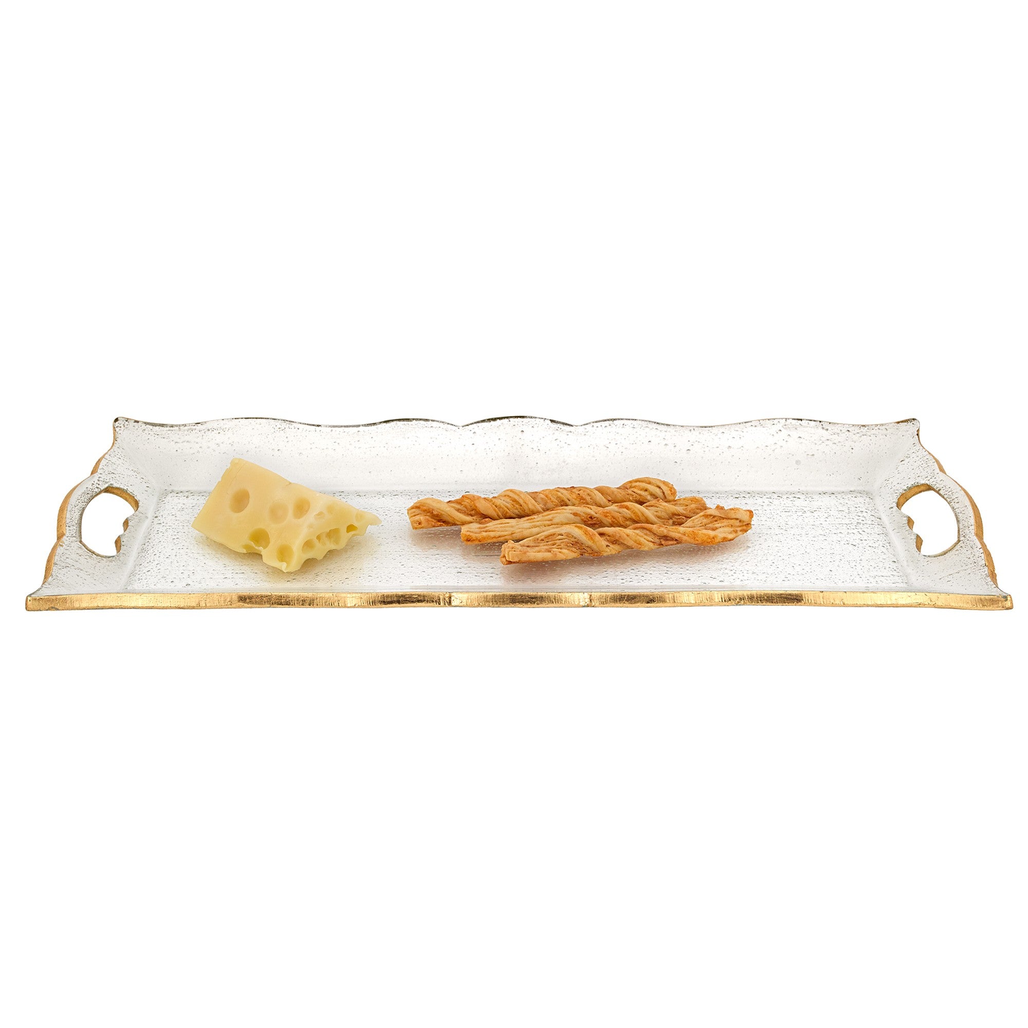 7 X 20 Hand Decorated Scalloped Edge Gold Leaf Tray With Cut Out Handles