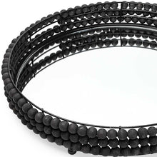 Matte Black Wood With Bead Mirrored Glass Bottom Round Tray 21