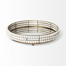 Gold Metal With Wooden Bead Frame And Mirrored Glass Bottom Round Tray 21