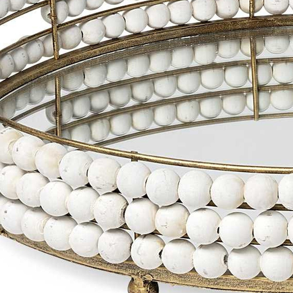 Gold Metal With Wooden Bead Frame And Mirrored Glass Bottom Round Tray 21"
